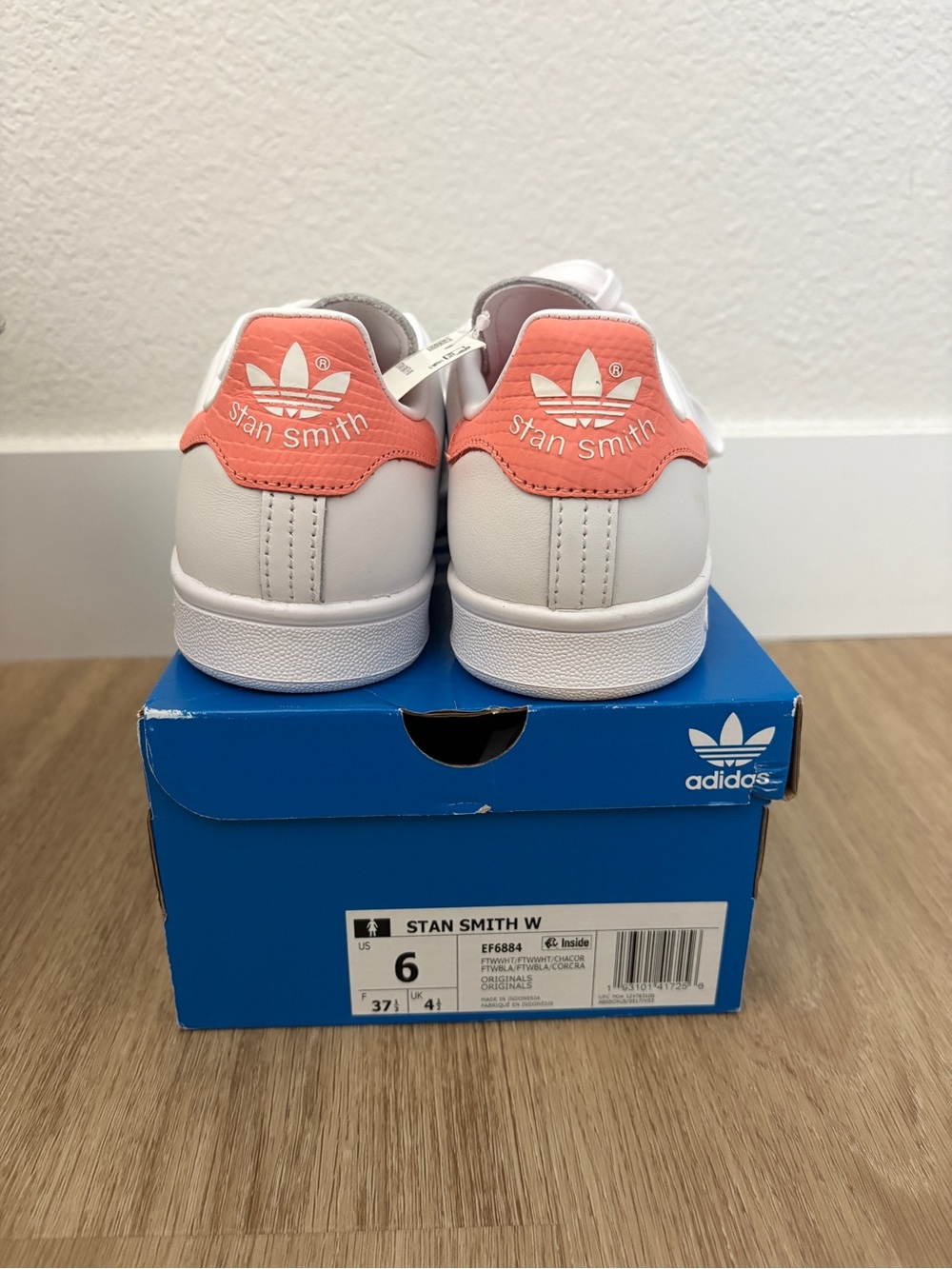 adidas Stan Smith White Sneakers with Coral Heel Tab